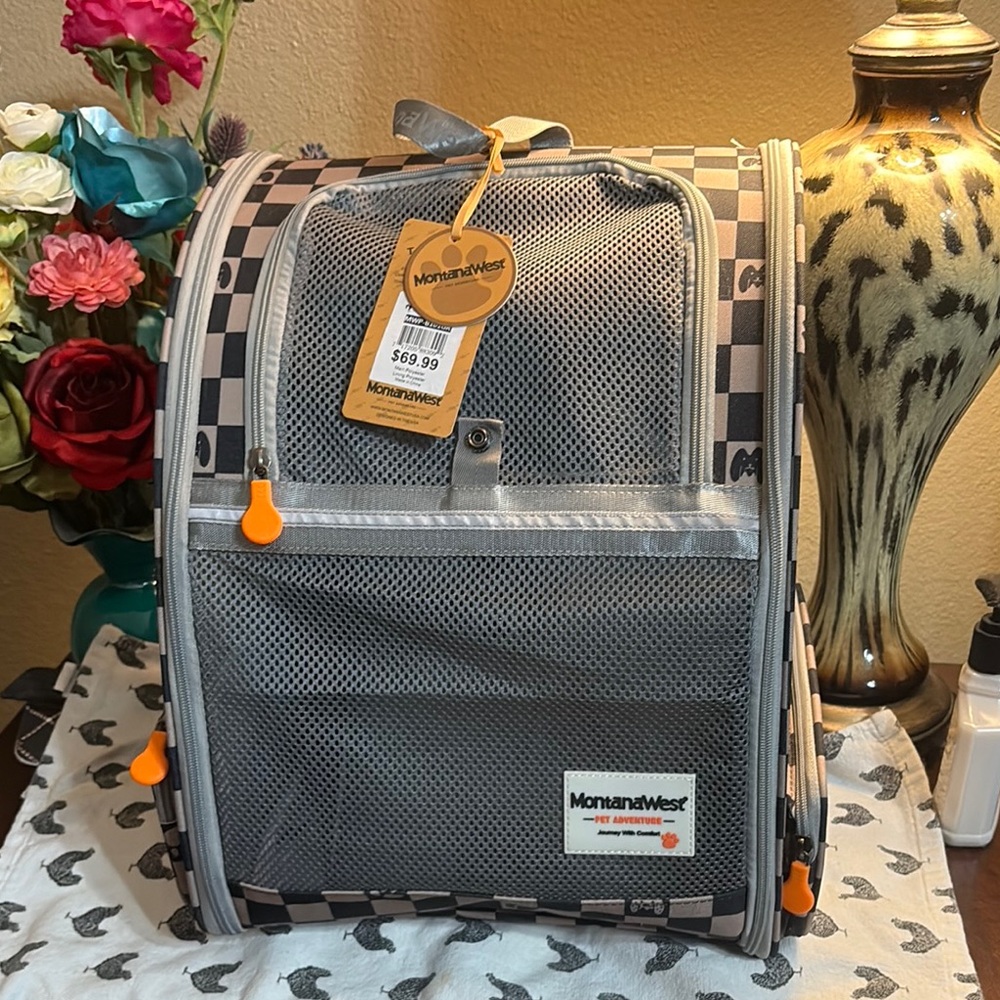 Montana West Checkered Gray Pet Carrier with Orange Accents